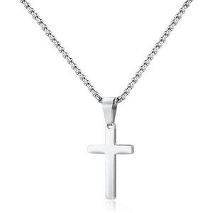 Men's Silver Stainless Steel Plain Cross Pendant Necklace Box Chain